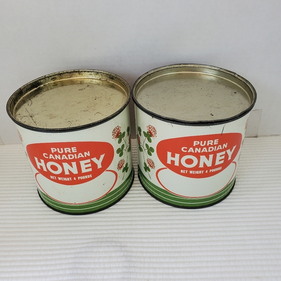 2 Pure Canadian Honey Tins Small Vintage 5" Empty 4 Pounds Scratched Patina - Picture 1 of 6